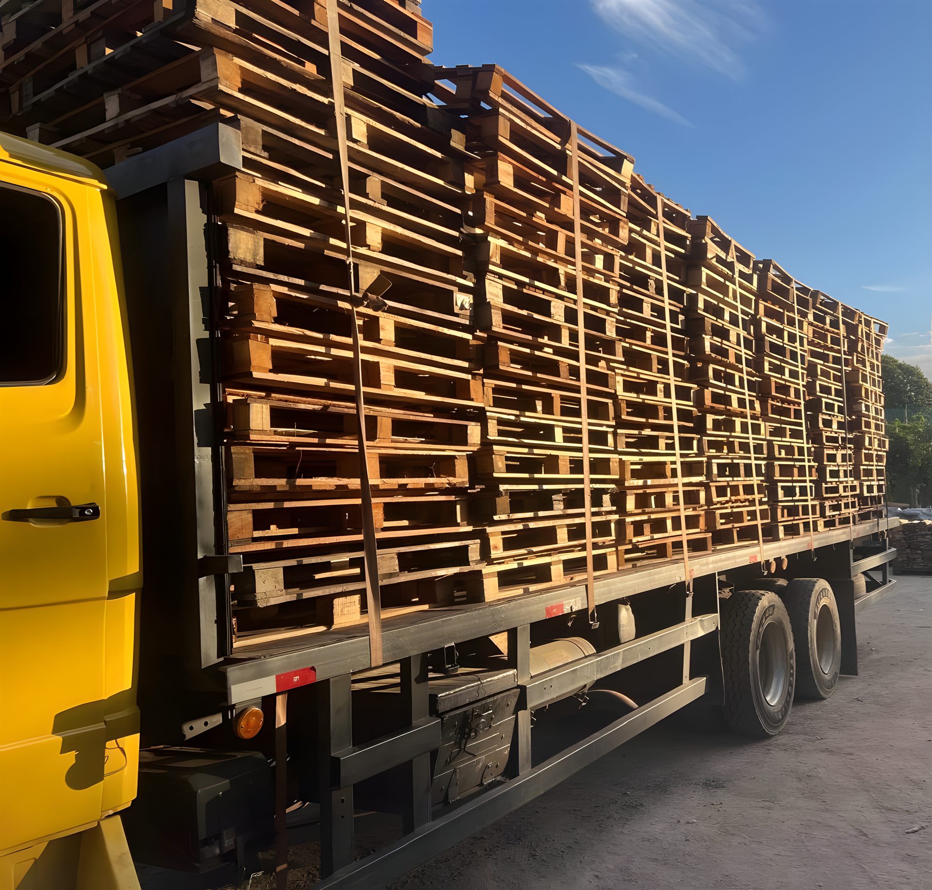 Pallets de madeira reaproveitados carregados para nova utilização