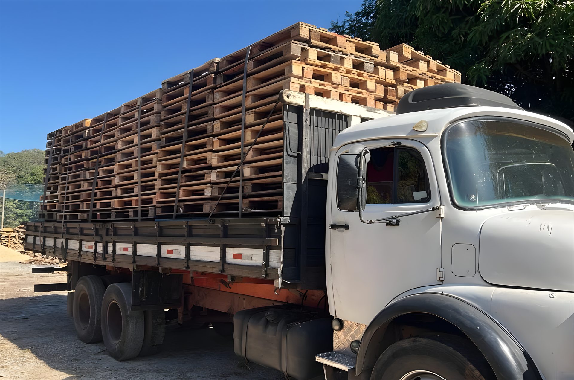 Caminhão branco com carga completa de pallets