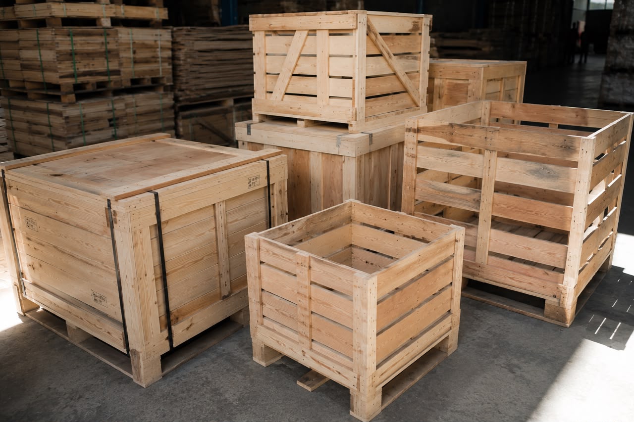 Caixas e engradados de madeira para transporte e armazenagem
