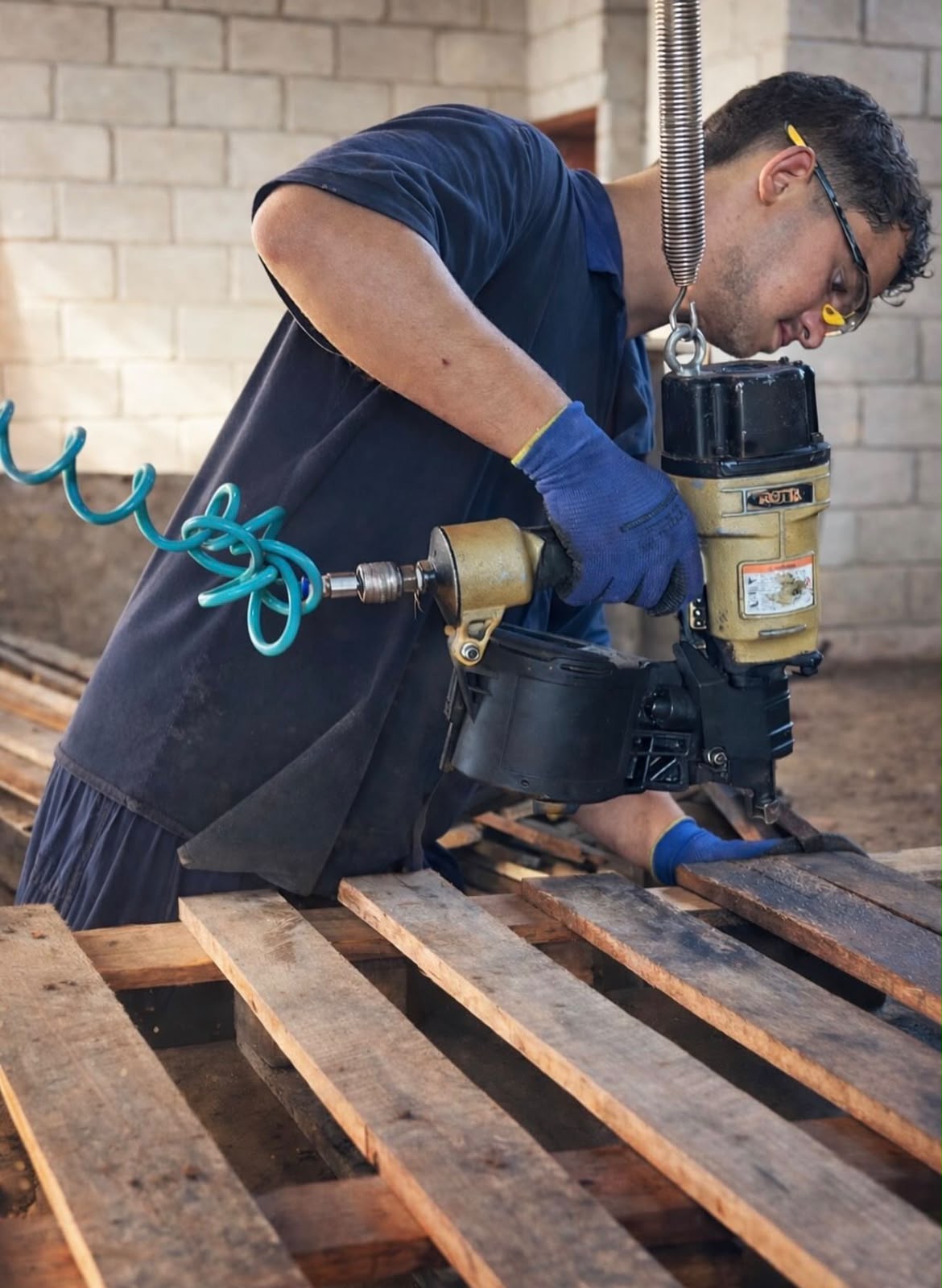 Profissional reformando pallet de madeira com pinador pneumático